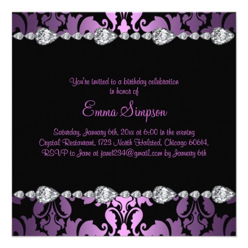 Purple Damask & Diamond Sweet Sixteen Invite