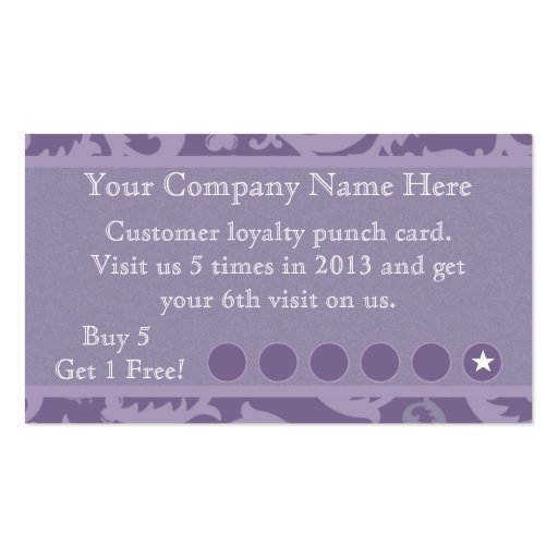 Purple Damask Discount Promotional Punch Card Business Card Templates (front side)