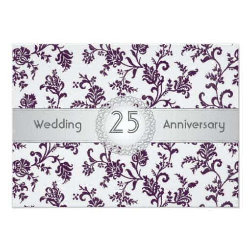 Purple Damask flowers, 25th Wedding Anniversary Card Zazzle