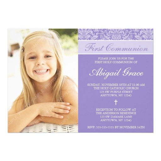 Purple Damask Girl Photo First Communion Announcements (front side)