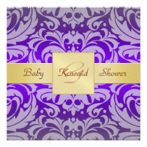 Purple Damask Gold Ribbon Baby Shower Invitation