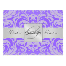 Purple Damask Monogram Save The Date Postcard