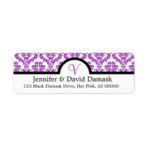 Purple Damask Monogram V Wedding Mailing Labels