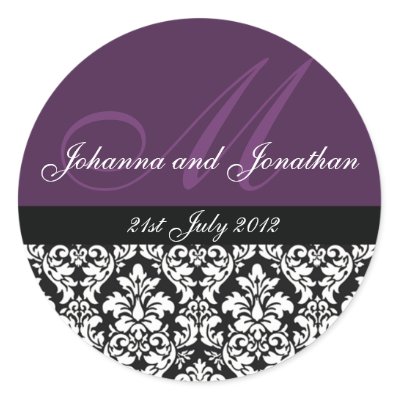 Purple Damask Monogram Wedding Stickers