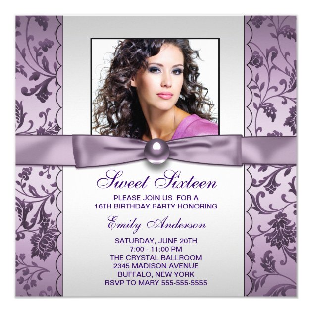 Purple Damask Photo Sweet Sixteen Birthday Party Invitation (front side)
