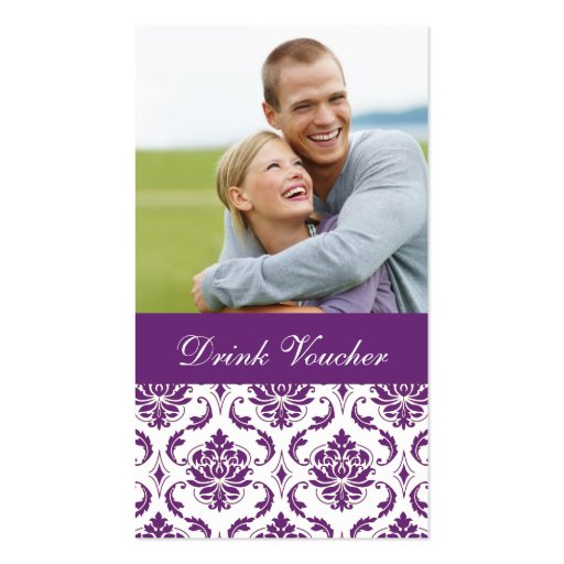 Purple Damask Photo Wedding Drink Voucher Business Cards (front side)