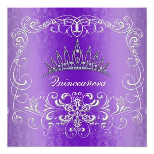 Purple Damask Quinceanera Diamond Tiara Invite