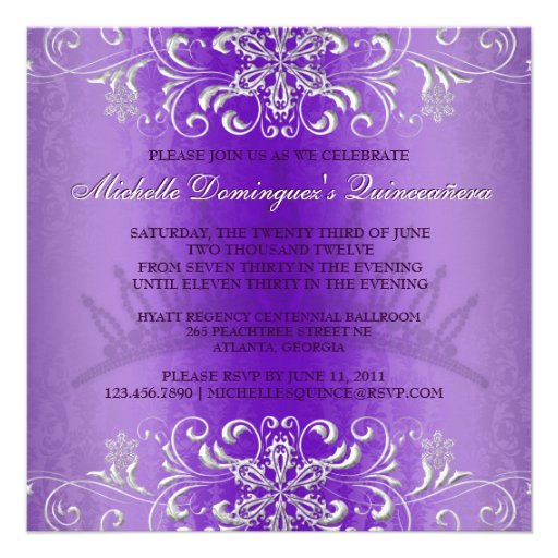 Purple Damask Quinceanera Diamond Tiara Invite