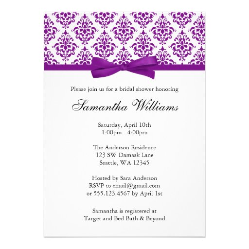 Purple Damask Ribbon Bow Bridal Shower Custom Announcement