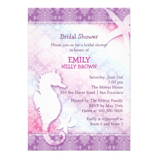 Purple Damask Sea Horse Beach Bridal Shower Invite