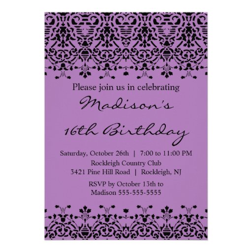 Purple Damask Sweet Sixteen Birthday Invitation
