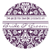 Purple Damask Vintage Floral Wedding Favors stickers by samack Purple Damask Vintage Floral Wedding Favors stickers