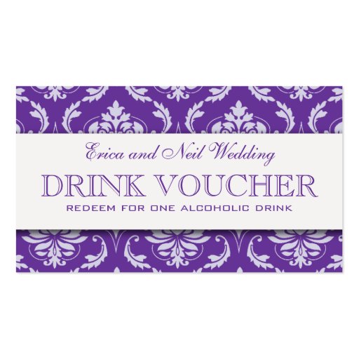 Purple Damask Wedding Drink Voucher for Reception Business Card Templates (front side)