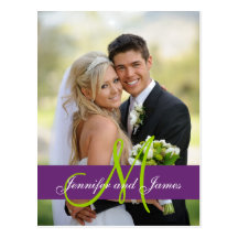 Purple Damask Wedding Photo Thank You Postcard