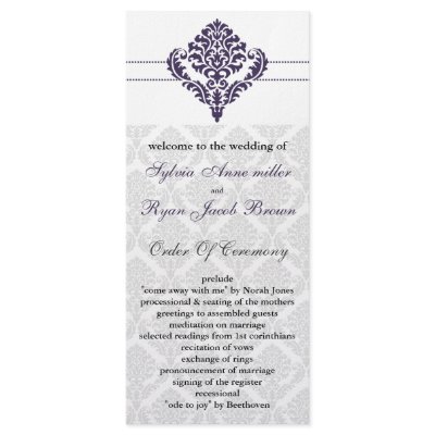 purple damask Wedding program Custom Rack Cards