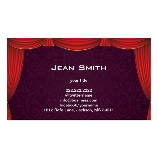 Purple Damask with Red Curtain Profile Card Business Cards (front side)