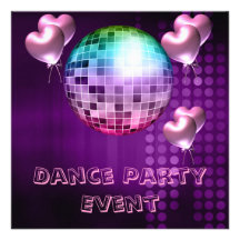 Purple Dance Party Event Mirrorball Love Balloons Custom Announcements