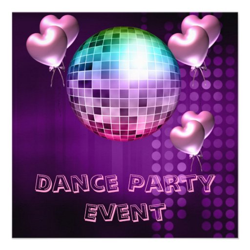 Purple Dance Party Event Mirrorball Love Balloons Custom Announcements