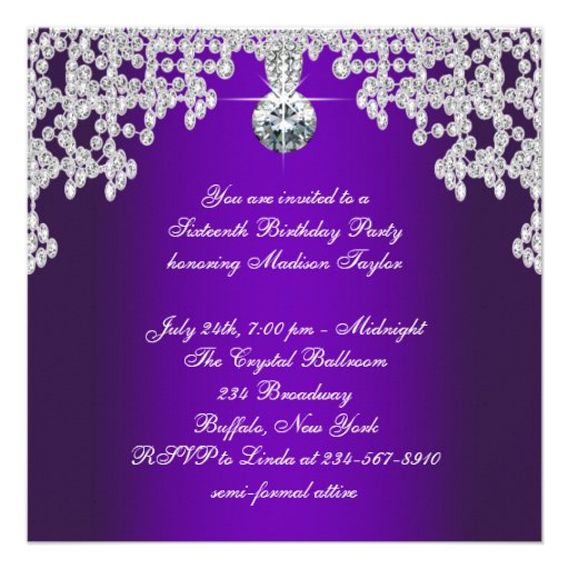 Purple Diamonds Purple Sweet Sixteen Birthday Personalized Invitation