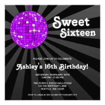 Purple Disco Ball Sweet 16 Birthday Party Personalized Invites