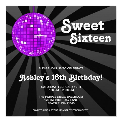 Purple Disco Ball Sweet 16 Birthday Party Personalized Invites