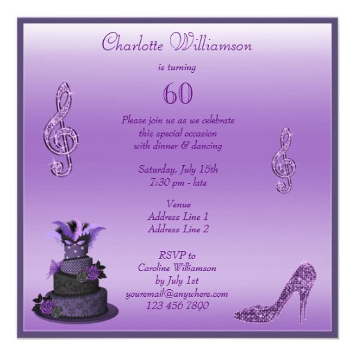 Purple Diva Cake, Sparkle High Heels 60th Birthday Invites