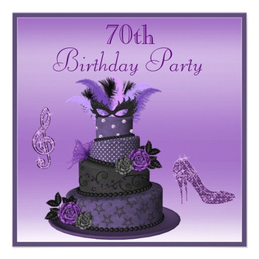 Purple Diva Cake, Sparkle High Heels 70th Birthday Personalized Invite (front side)