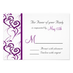 Purple Double Hearts Swirl Vines Wedding RSVP Invitation