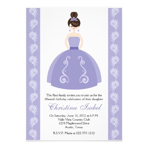 Purple Dress Brunette Quinceanera Invitations