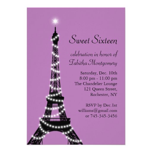 Purple Eiffel Tower Sweet 16 Invitation