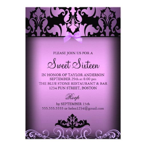 Purple Elegant Damask Sweet Sixteen Party Invite