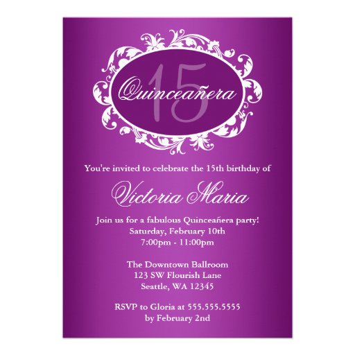 Purple Elegant Swirl Quinceanera Birthday Party Invites