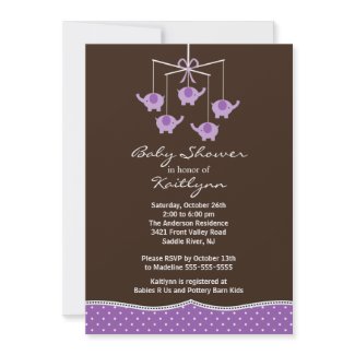 Purple Elephant Mobile Baby Shower Invitation invitation