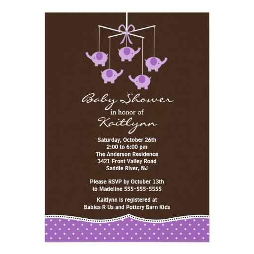 Purple Elephant Mobile Baby Shower Invitation