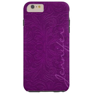 Purple Embossed Floral Design Suede Leather Look 2 Tough iPhone 6 Plus Case