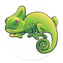 Purple Eyed Lime Green Chameleon Round Stickers