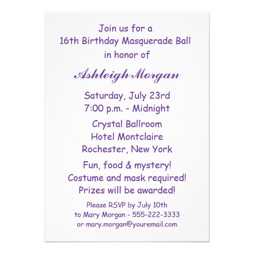 Purple Feather Mask Sweet 16 Masquerade Party Custom Invitations