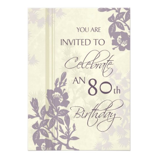 Purple Floral 80th Birthday Party Invitation Cards (front side)