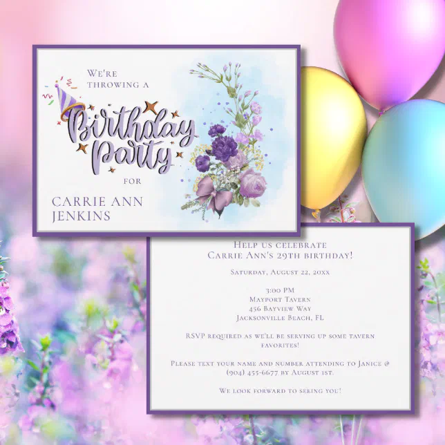 Purple Floral Birthday Party Invitation Zazzle