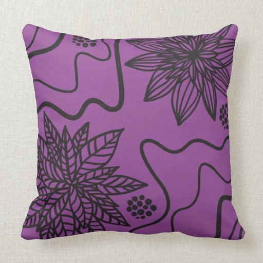PURPLE FLORAL BLACK DESIGN Retro Throw Pillow Zazzle