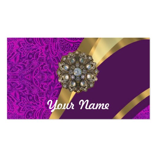 Purple floral damask  gold swirl business cards (front side)