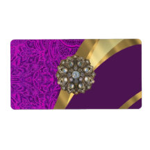 Purple floral damask  gold swirl labels