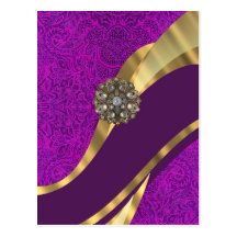 Purple floral damask  gold swirl postcard