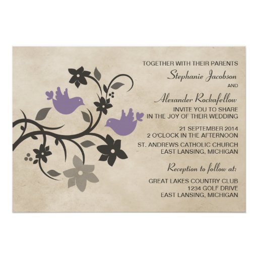 Purple Floral Lovebirds Wedding Invitation