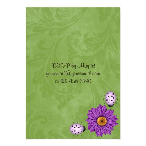 Purple Flower & Ladybug Birthday Invitation