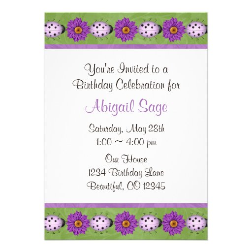 Purple Flower & Ladybug Birthday Invitation