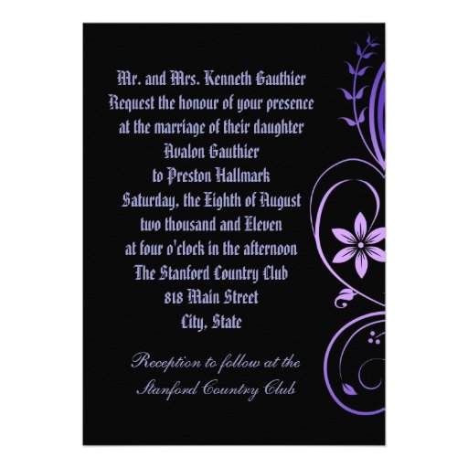 Purple Flower Scrollwork Wedding Invitation