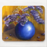 Purple flowers in Blue Vase and Gold Background mousepads