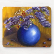 Purple flowers in Blue Vase and Gold Background mousepads