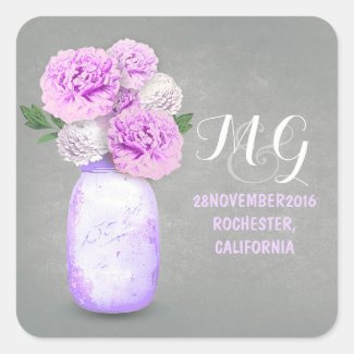 Purple flowers painted mason jar wedding stickers